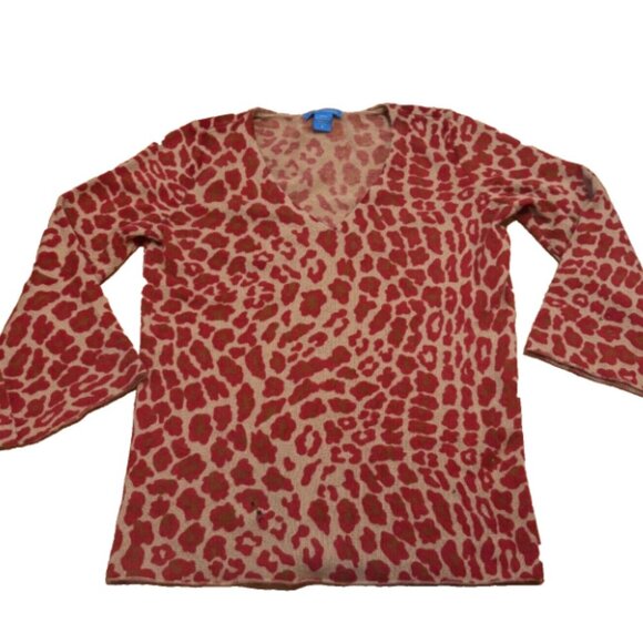 White + Warren Cashmere Sweater Animal Print Tan Red Women Size S - SEE DETAILS - Picture 1 of 9